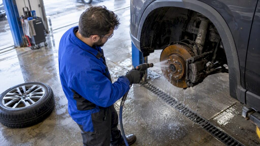 Technician rinsing brine from brake rotor