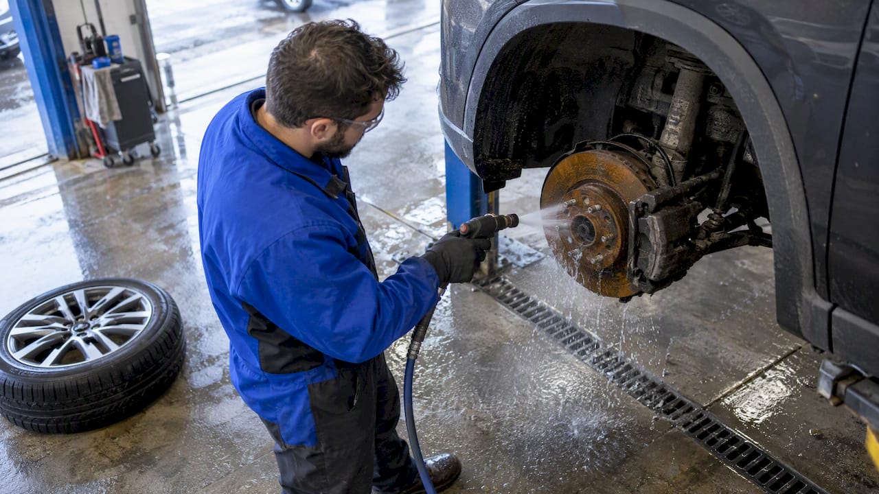Technician rinsing brine from brake rotor