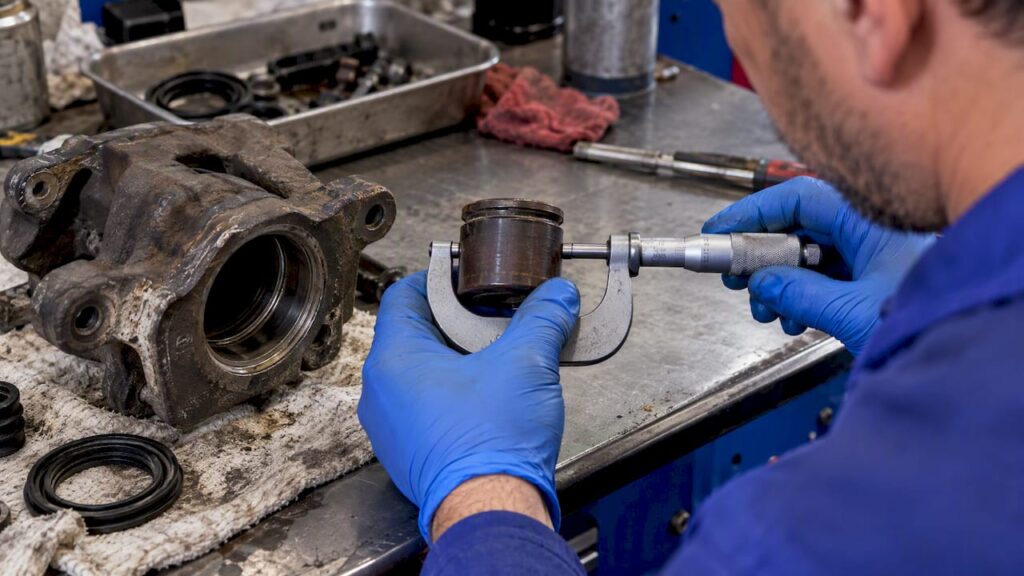 Technician measuring phenolic brake piston