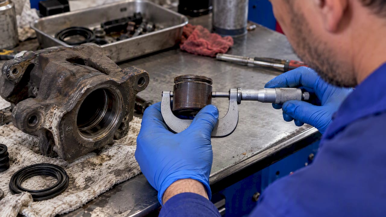 Technician measuring phenolic brake piston