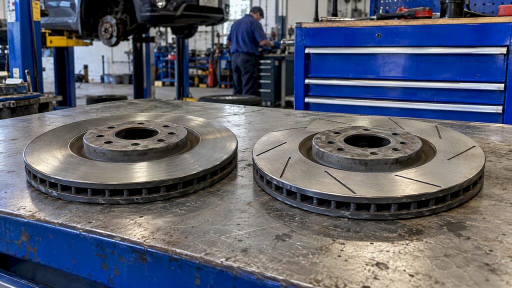 Blank and slotted rotors side by side