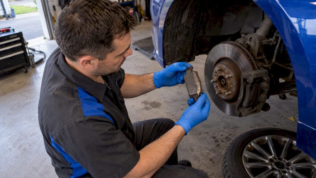 Owner checks worn brake pad beside rotor
