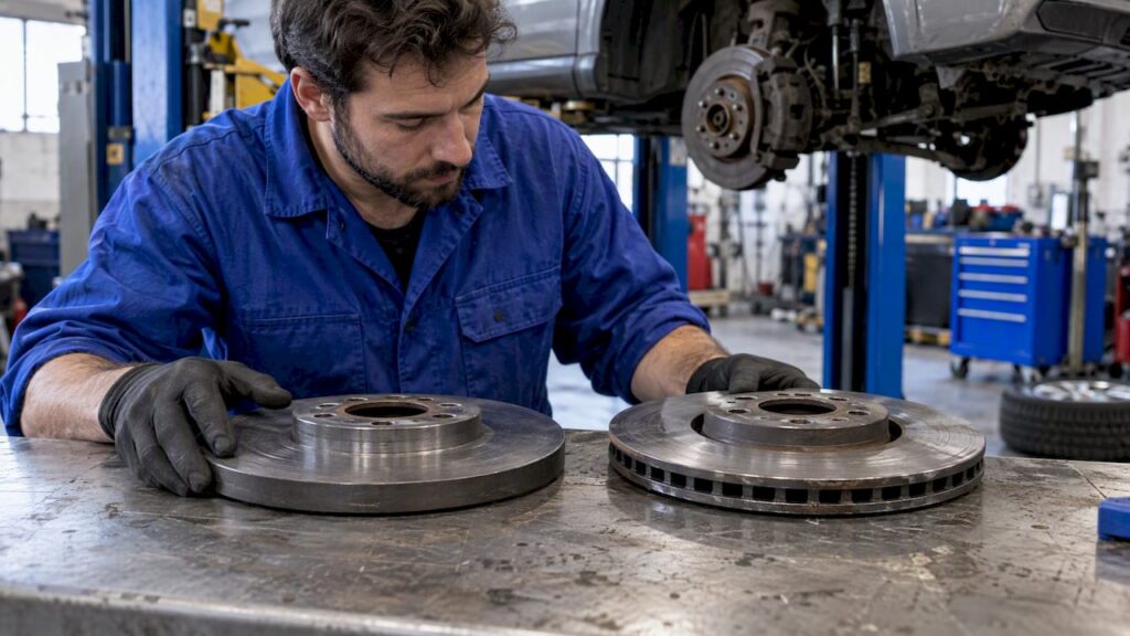 Solid and vented brake rotors on workbench