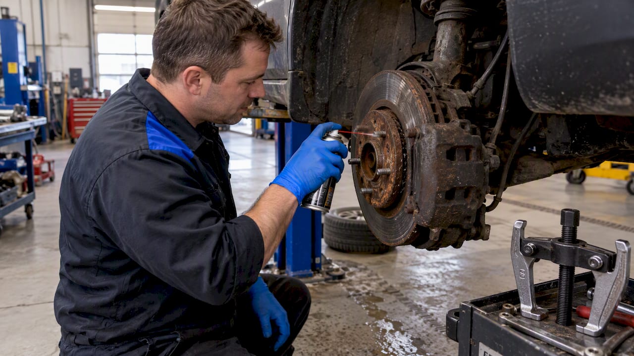 Mechanic soaking a rusted rotor before removal