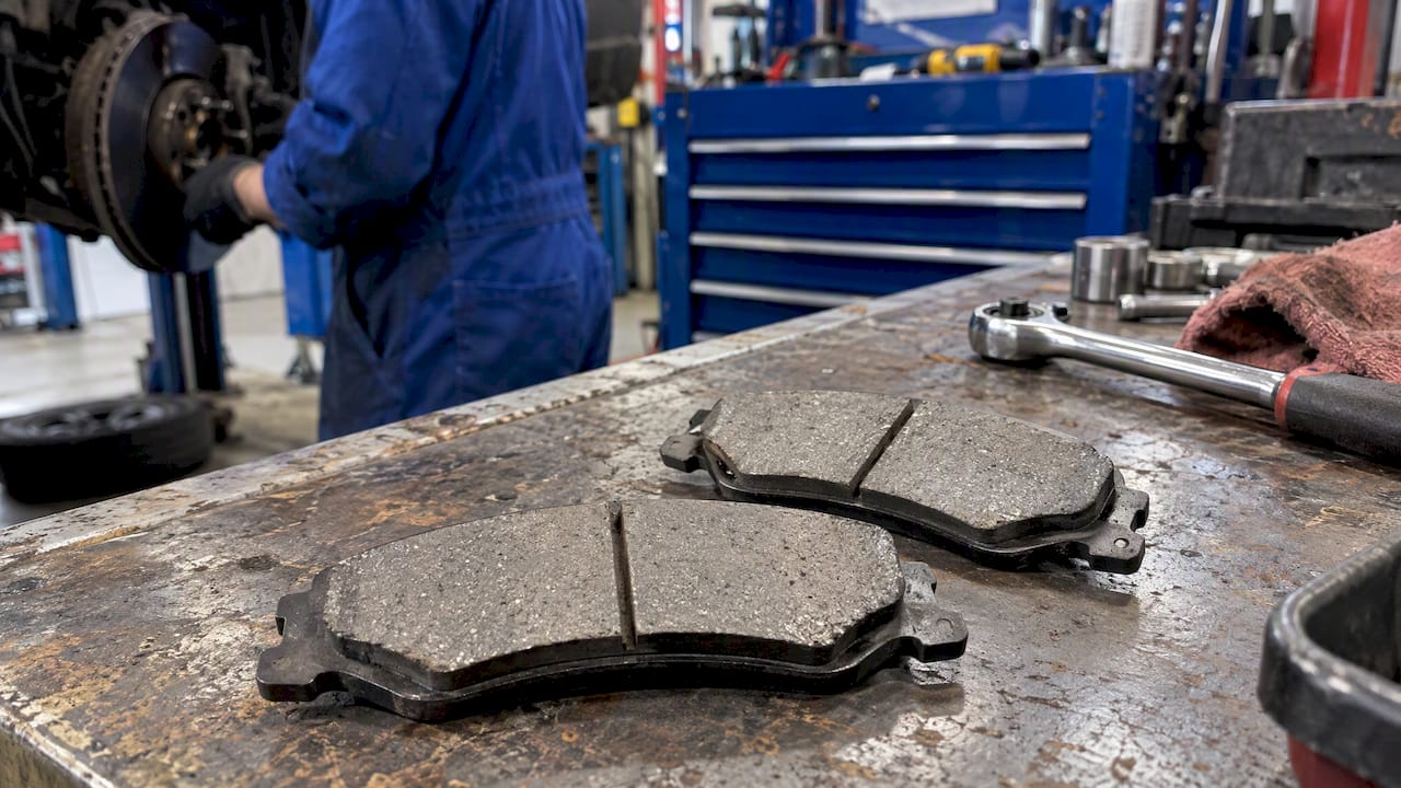 Brake pads displayed in a service workshop