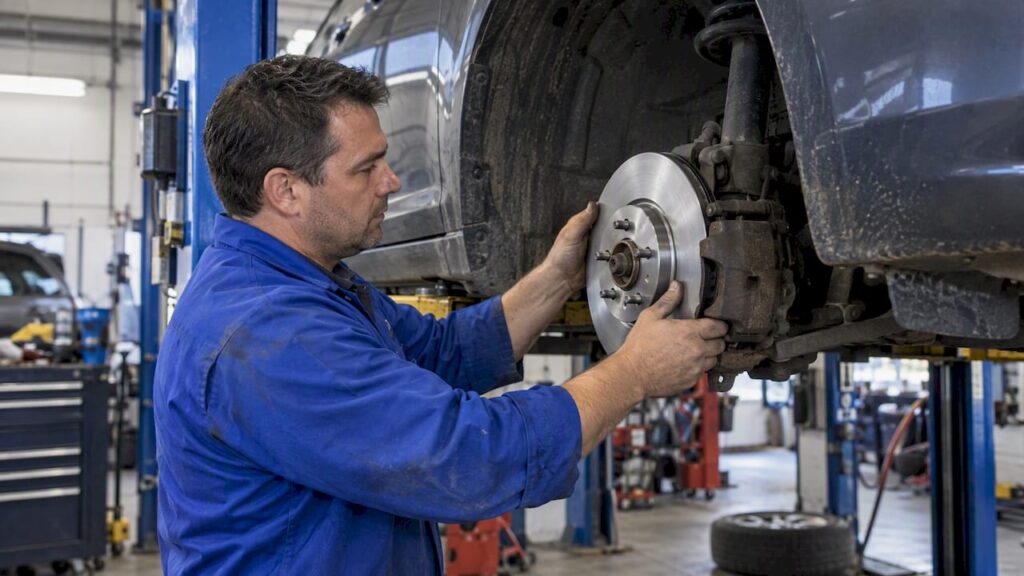 Mechanic fitting a replacement brake rotor