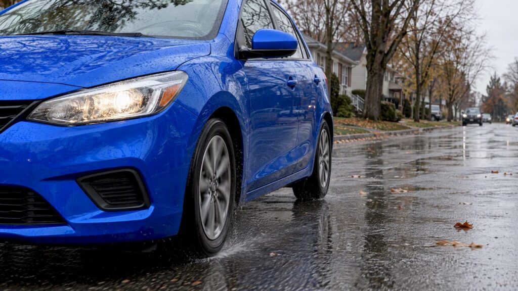 Blue car braking on a wet street