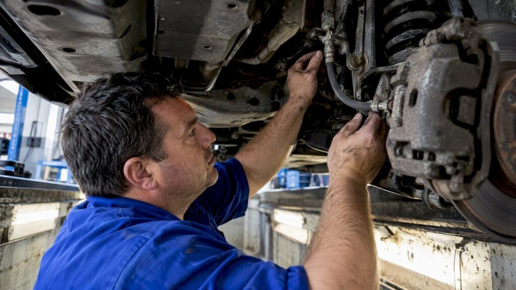 Mechanic inspecting a flexible brake hose
