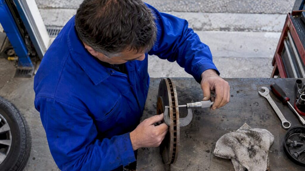 Mechanic measuring brake rotor thickness