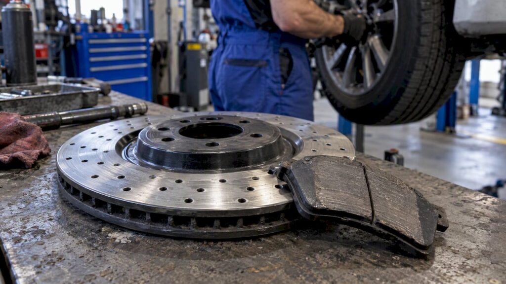 Drilled rotor beside a worn brake pad