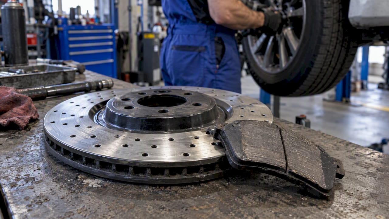 Drilled rotor beside a worn brake pad