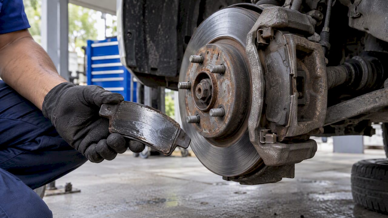 Glazed brake pad exposed beside its rotor