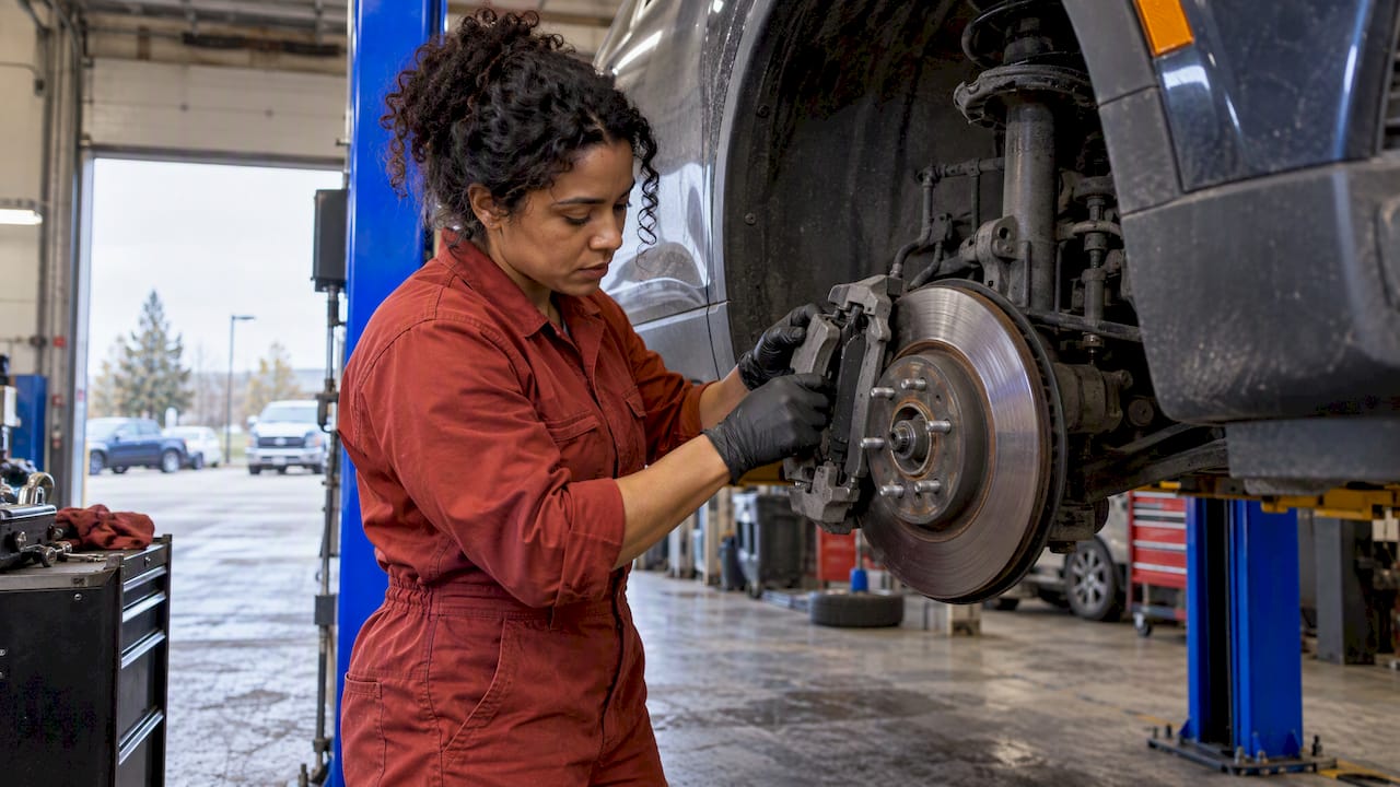 Mechanic replacing brake pads before winter