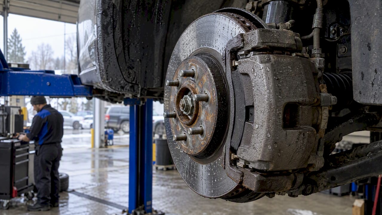 Water beading on an exposed brake rotor and pad