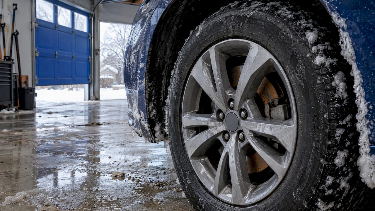 Damp car brake rotor inside a garage